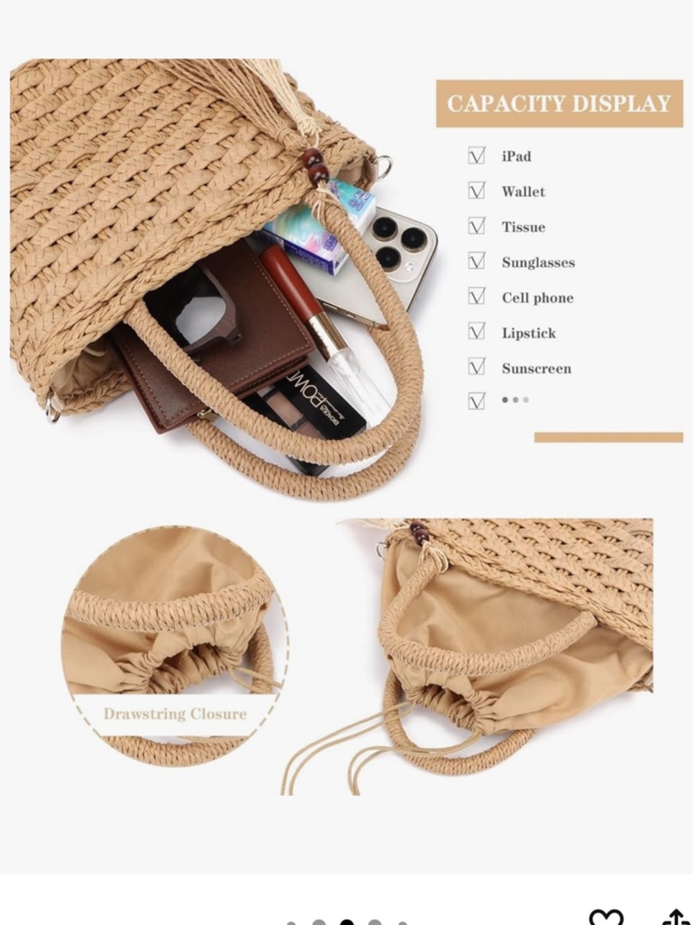 Woven Straw Tote Bag with Tassel - Natural - Picture 5 of 6